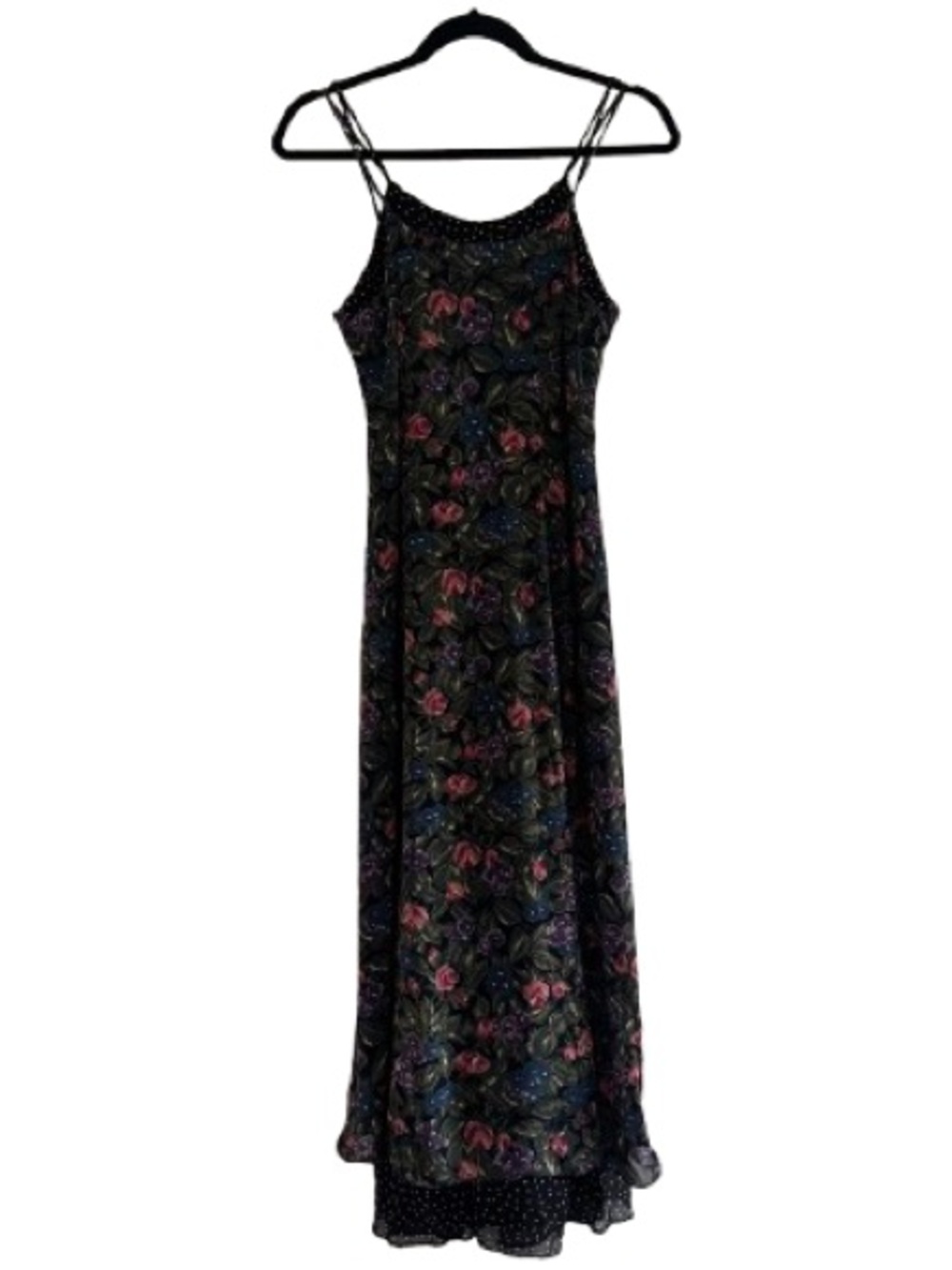 Vintage Eileen West Black Floral Polka Dot Double Layer Rayon Midi Dress Boho